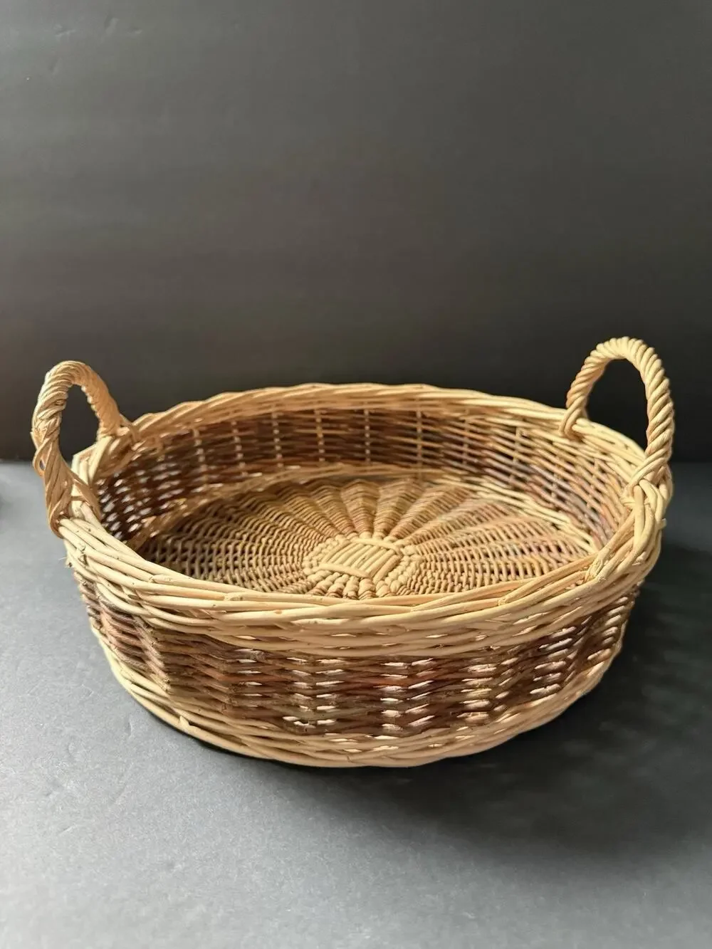Vintage Handwoven Rattan Wicker Basket Round Handles Farmhouse Cottage Rustic